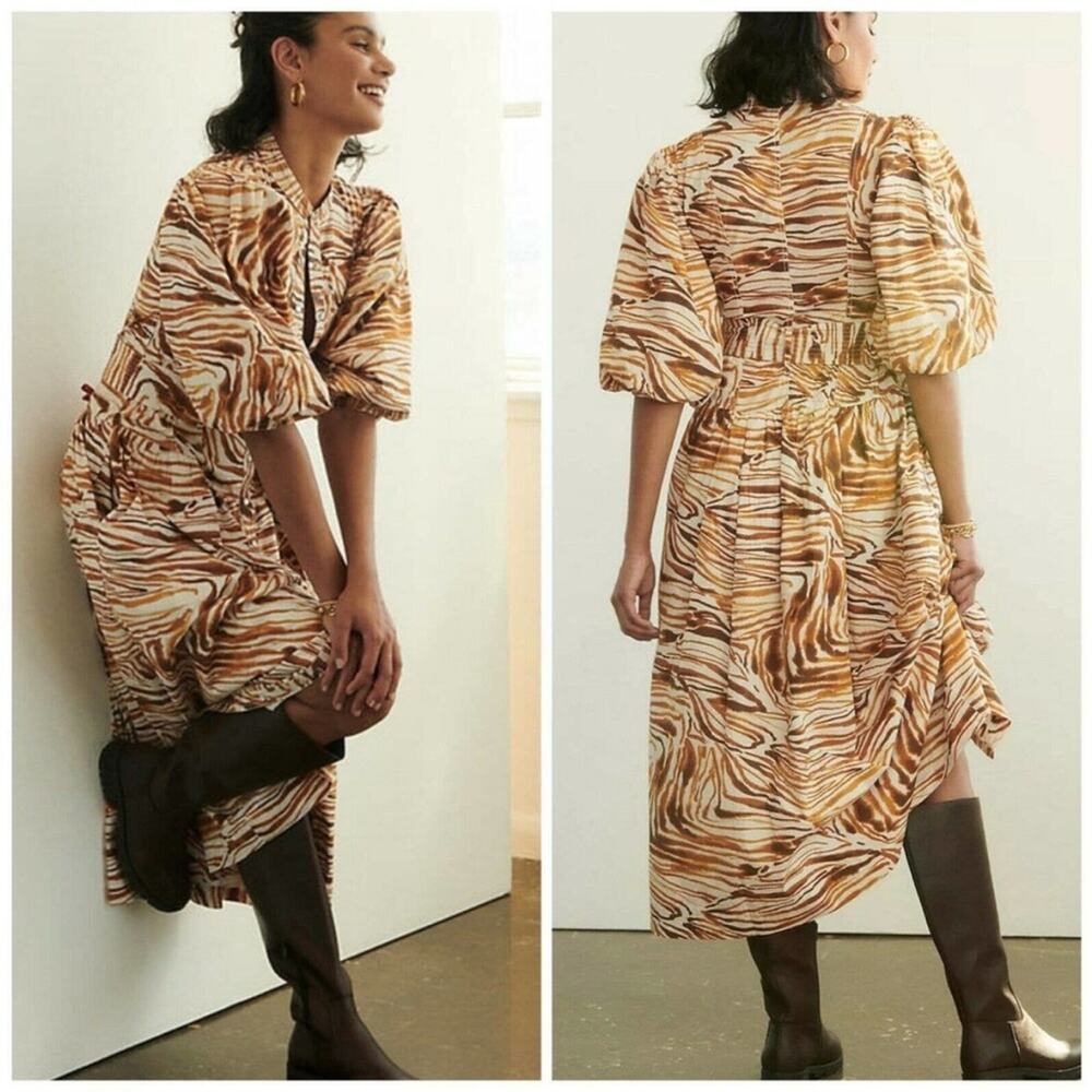 Anthropologie Love The Label Honey Puff Sleeve Swirl Midi Dress Zebra S NWT